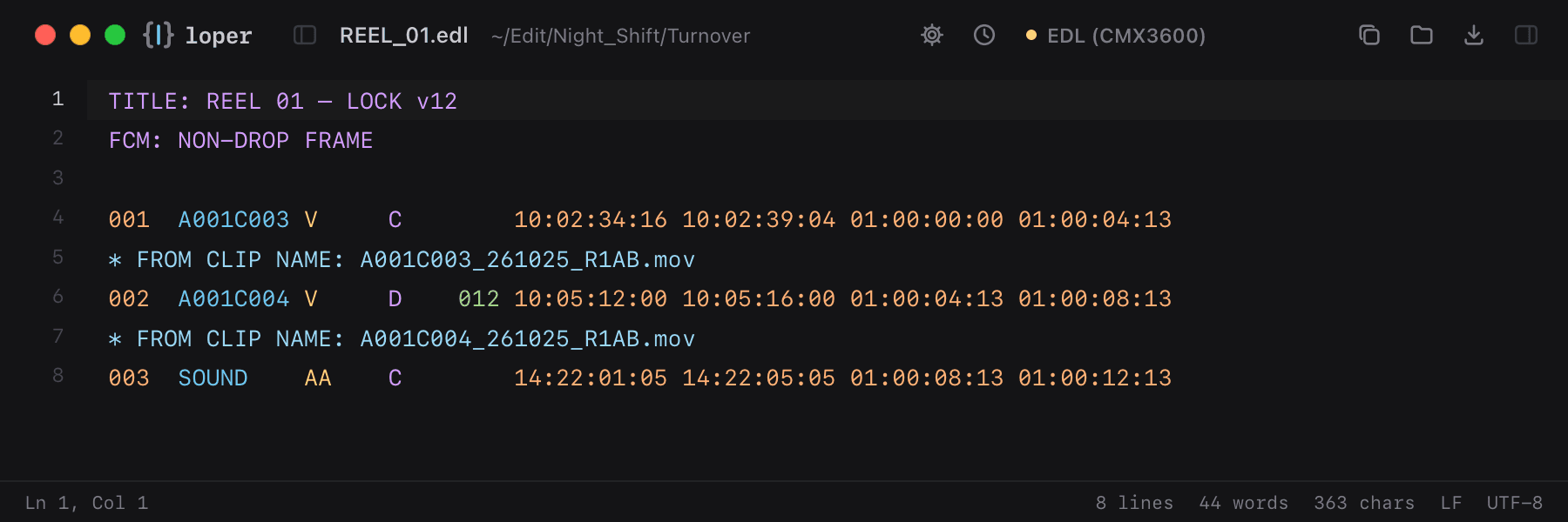 REEL_01.edl opened in Loper: EDL (CMX3600) with color-coded EDL (CMX3600)