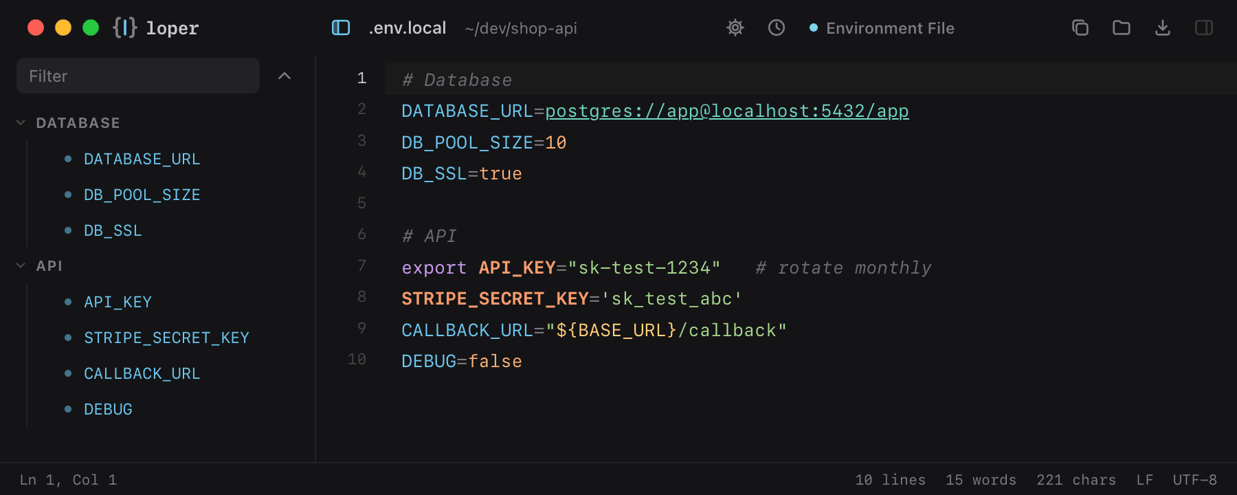.env.local opened in Loper: Environment files with color-coded Environment File