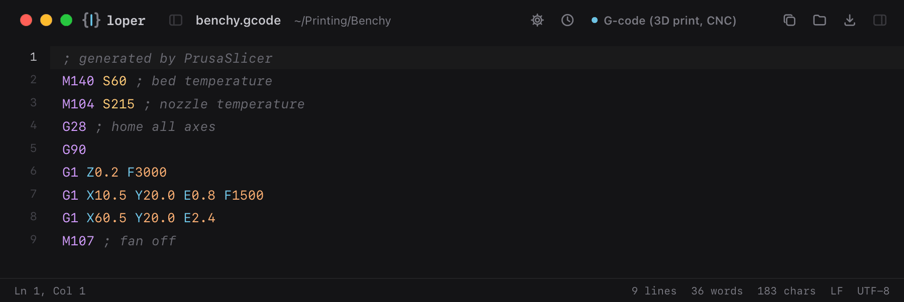 benchy.gcode opened in Loper: G-code with color-coded G-code (3D print, CNC)