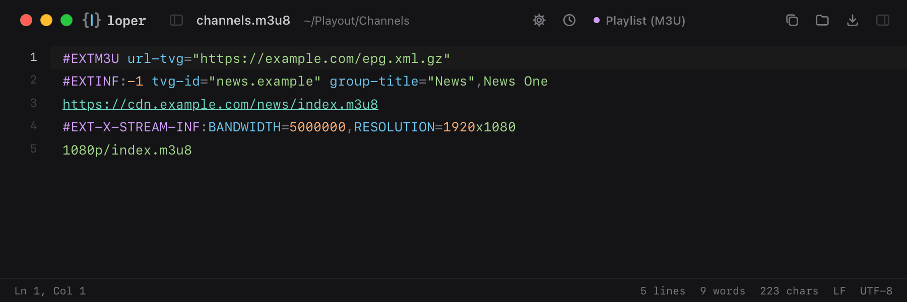 channels.m3u8 opened in Loper: M3U / M3U8 playlists with color-coded Playlist (M3U)