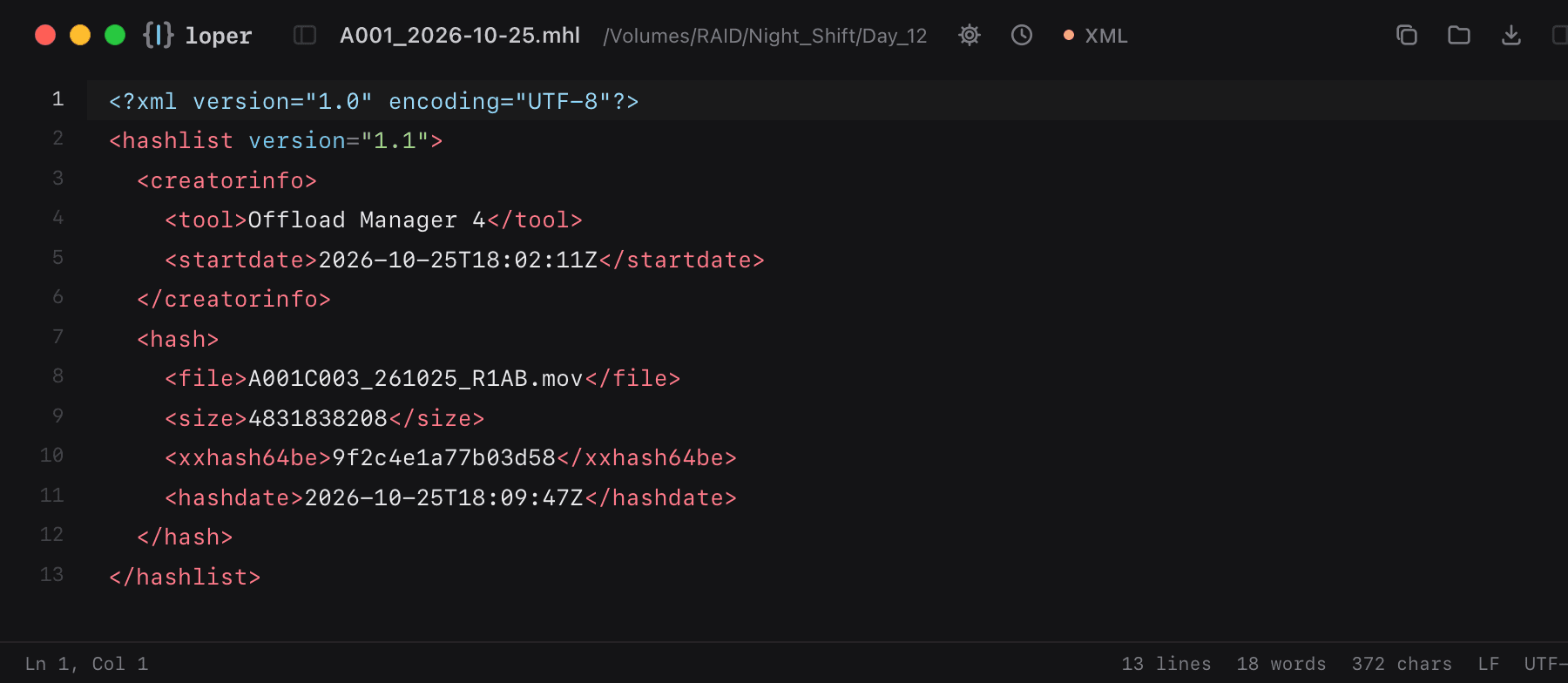 A001_2026-10-25.mhl opened in Loper: Media Hash List (MHL / ASC MHL) with color-coded XML